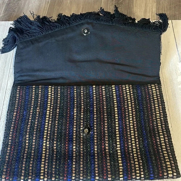 Stella And Dot Black Metalic Shimmer Woven/ Braided Fringe Clutch Bag Boho large - Picture 2 of 4